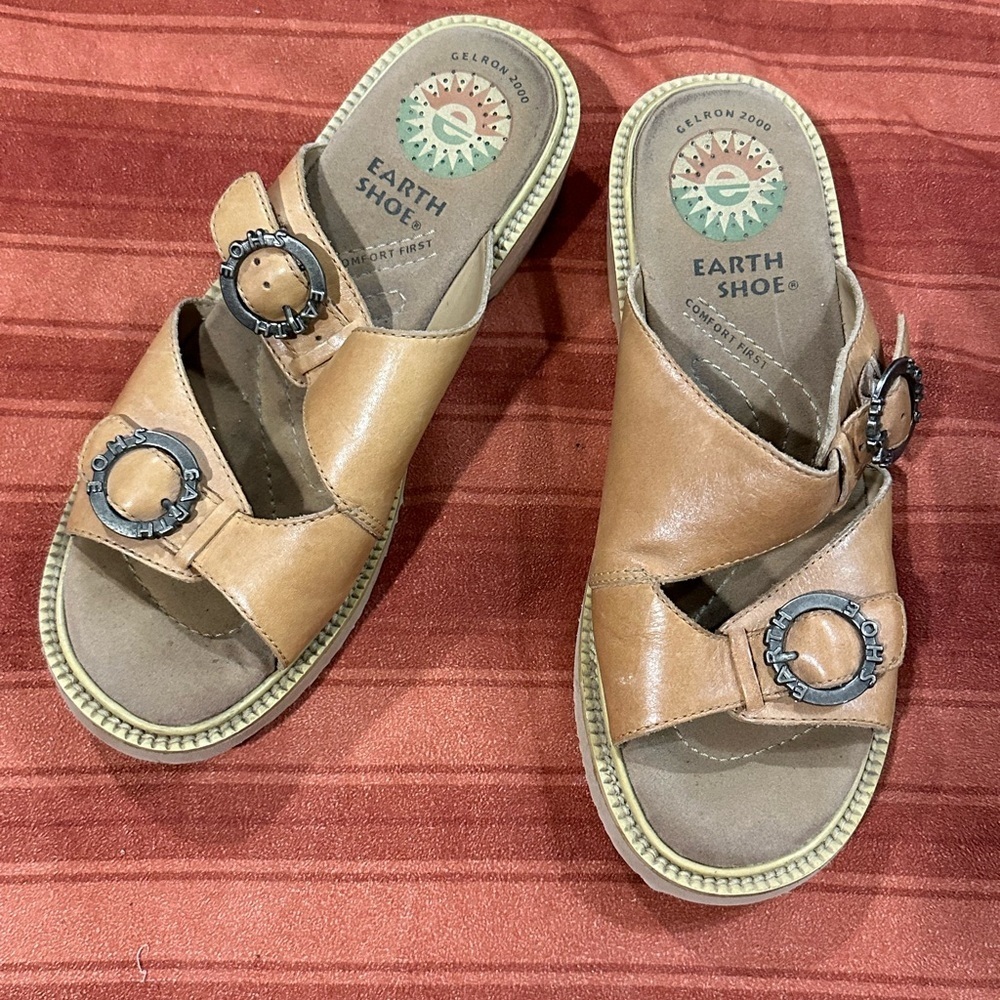 Earth Shoes Gelron 2000 Oak Leather Slide Sandals 8.5 Comfort Wedge Buckle